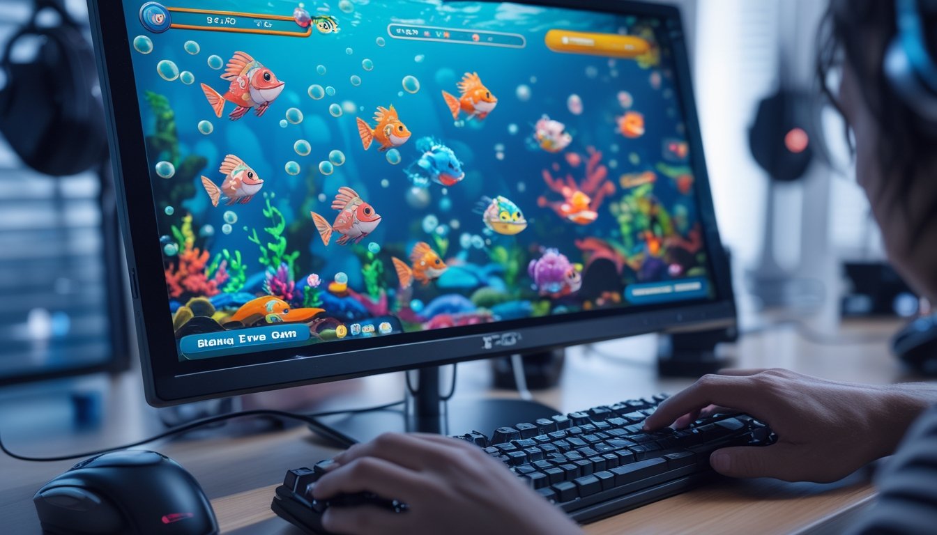Tampilan layar komputer dengan permainan tembak ikan online yang berwarna-warni, tangan pemain menggunakan mouse dan keyboard, di meja gaming yang rapi.