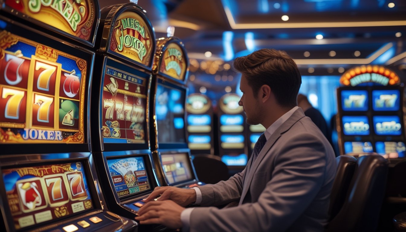 Seorang pemain profesional sedang bermain di mesin slot Mega Joker dan Slot 777 Deluxe di dalam kasino yang modern.