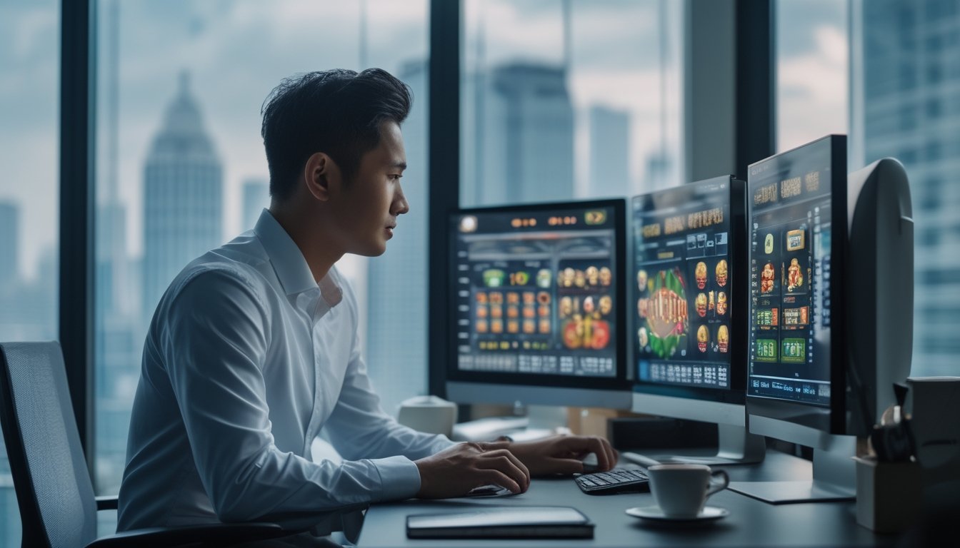 Seorang pria Asia Tenggara duduk di meja kantor modern, fokus melihat layar komputer yang menampilkan grafik dan statistik permainan slot online, dengan pemandangan kota Jakarta di belakangnya.