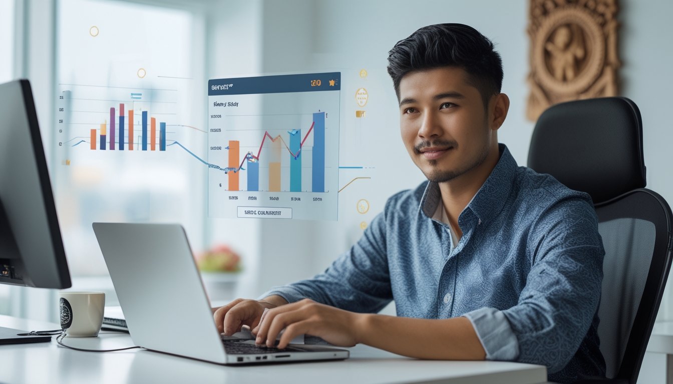 Seorang pria Indonesia duduk di meja modern dengan laptop, menganalisis statistik permainan slot online di kantor yang terang dan bersih.