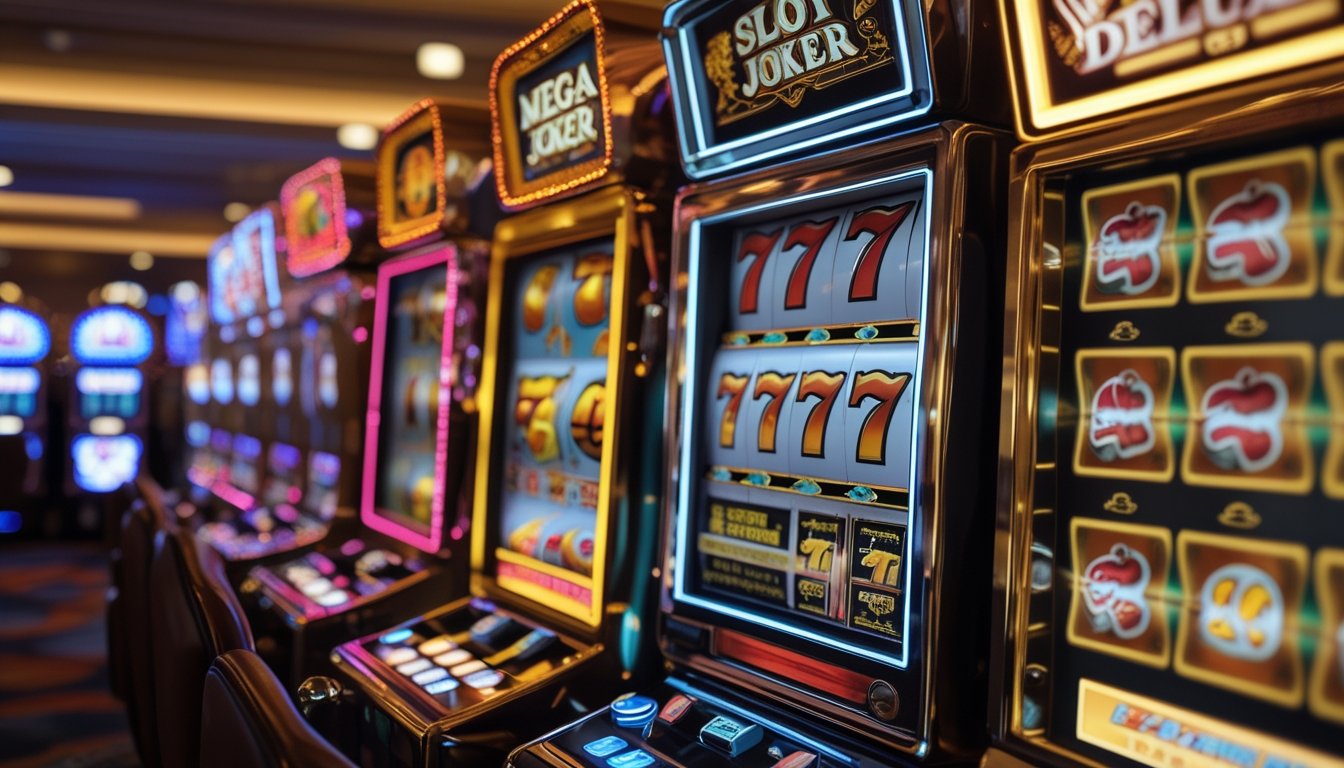 Dua mesin slot klasik berwarna merah dan krom berdampingan di dalam kasino dengan pencahayaan hangat.