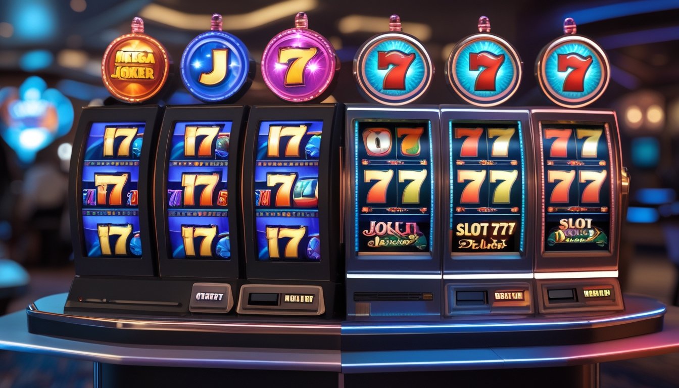 Dua mesin slot klasik berdampingan di atas meja kasino dengan latar belakang suasana kasino yang samar.