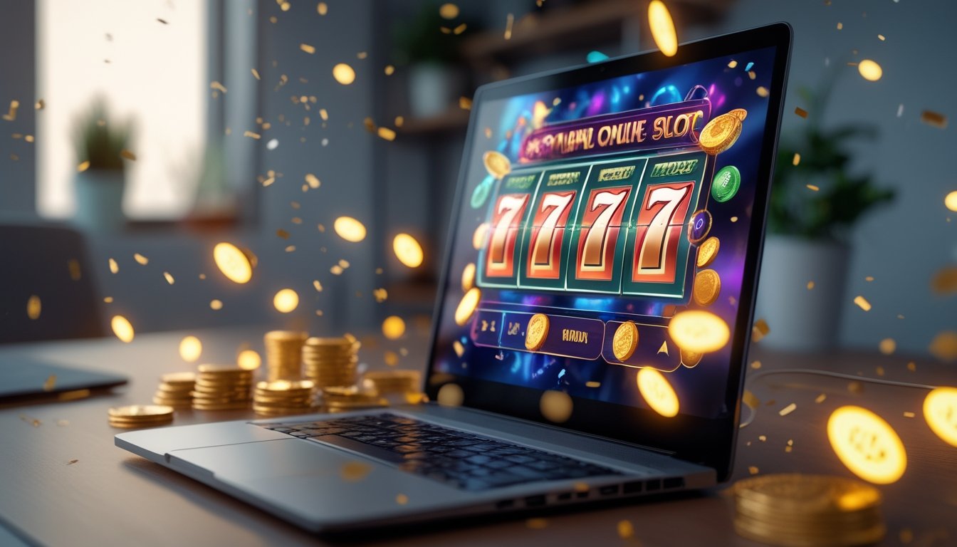 Seorang pria duduk di depan laptop dengan layar menampilkan permainan slot online, dikelilingi oleh koin emas dan suasana yang hangat.