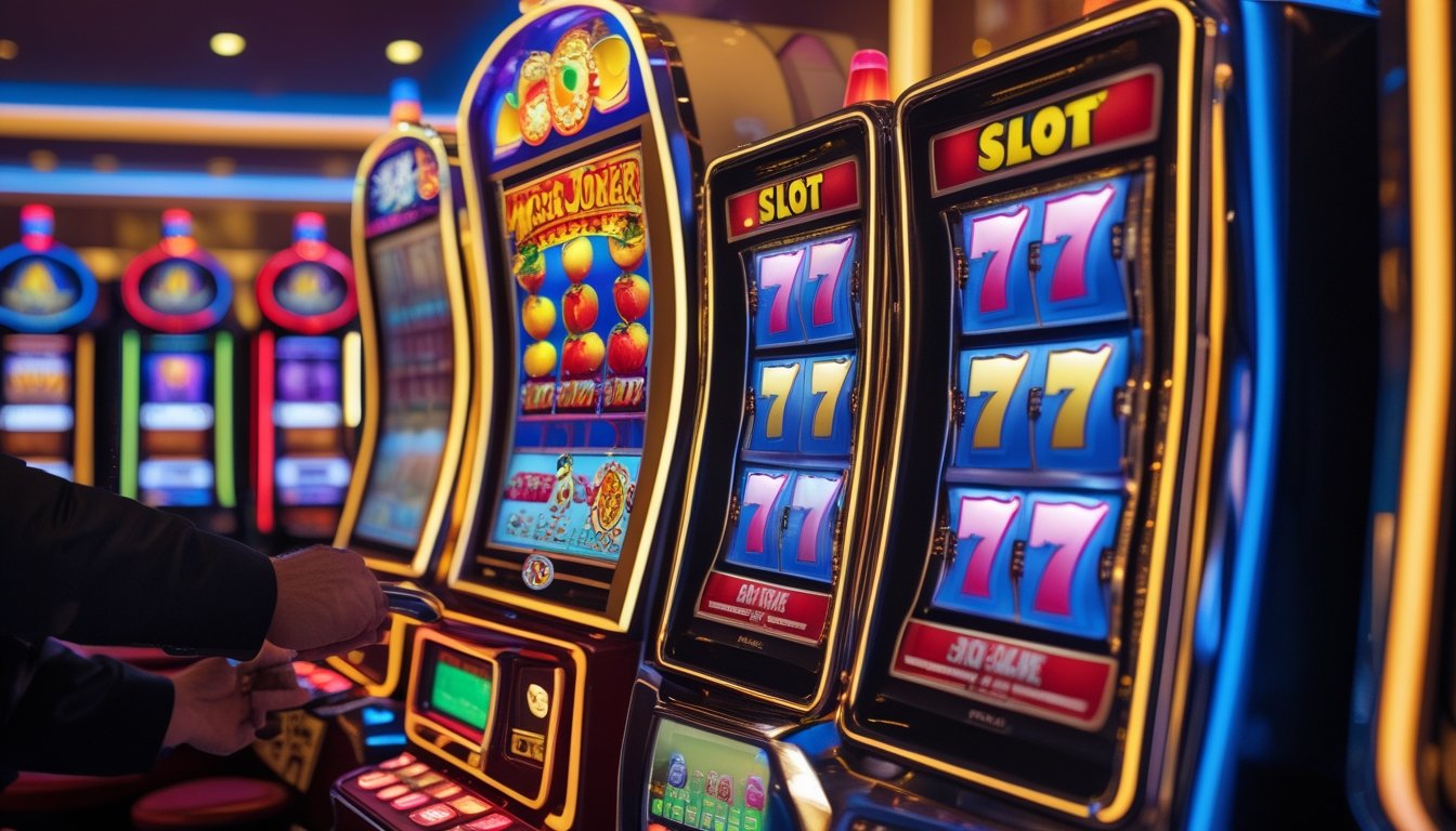 Dua mesin slot klasik berdampingan di kasino, satu dengan simbol buah dan joker, yang lain dengan angka 7 berwarna merah dan emas.