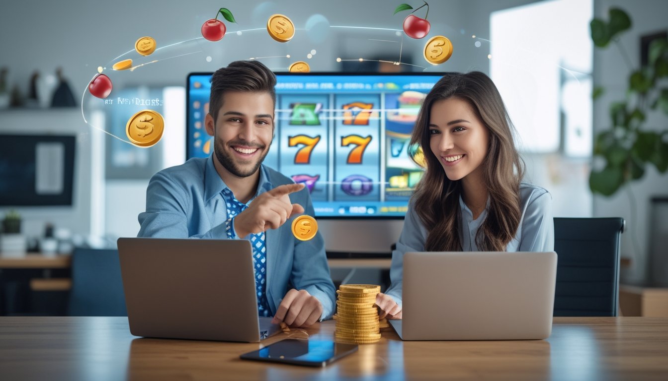 Seorang pria dan wanita duduk di meja modern menggunakan laptop dan tablet untuk bermain slot online dengan ekspresi senang dan latar belakang kantor rumah yang terang.