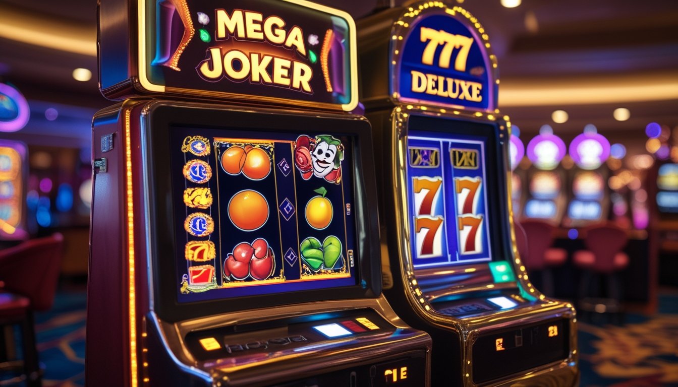 Dua mesin slot klasik berdampingan di dalam kasino dengan lampu warna-warni dan suasana yang hidup.
