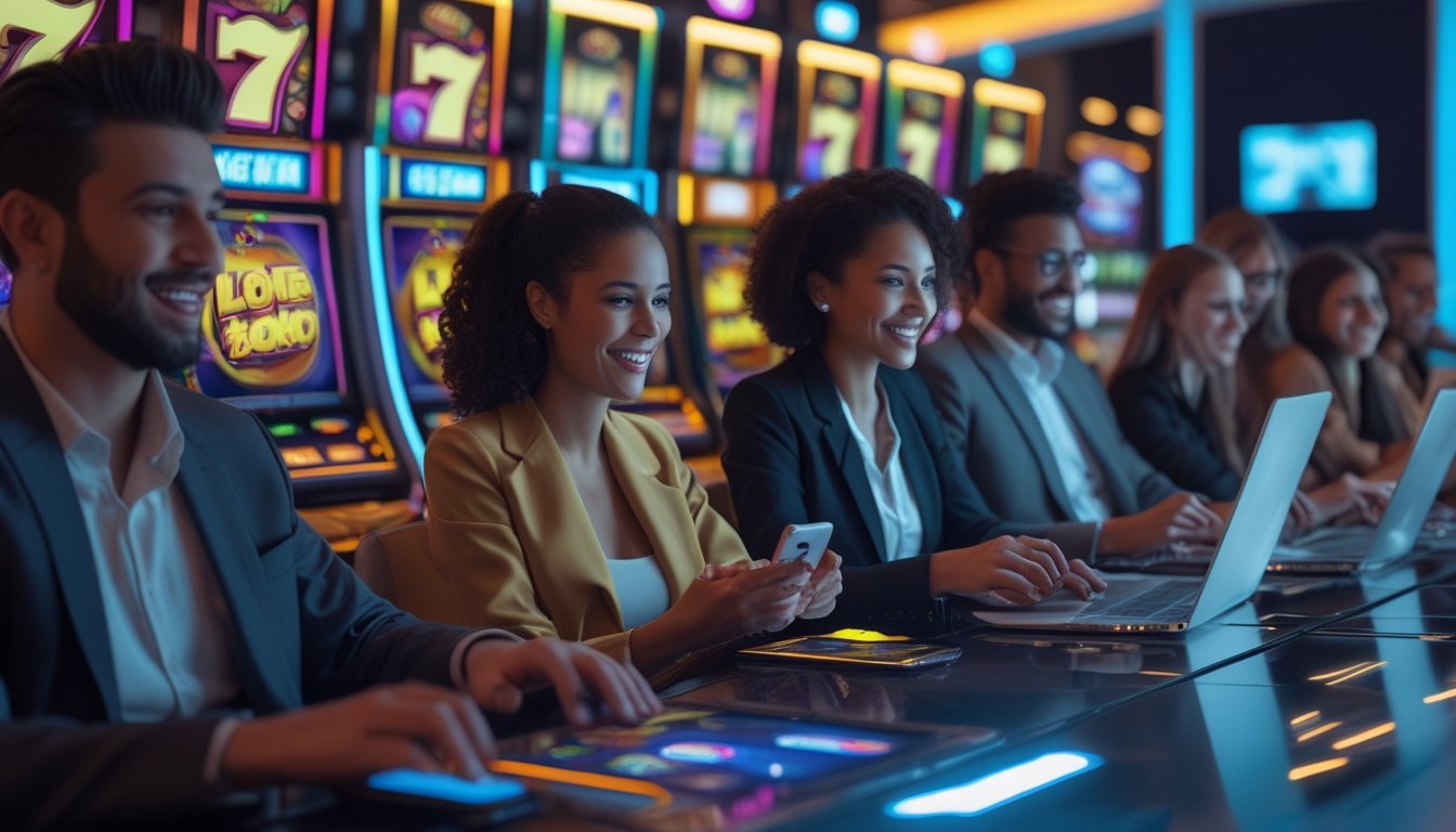 Sekelompok orang bermain permainan slot online dengan perangkat digital di ruangan yang terang dan modern.
