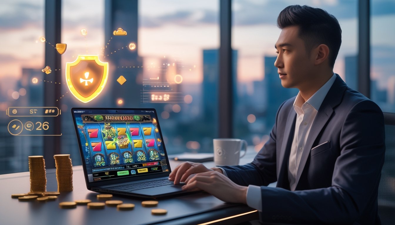 Seorang pria Asia Tenggara duduk di depan laptop dengan tampilan permainan slot online, di ruang kantor modern dengan pemandangan kota di latar belakang.