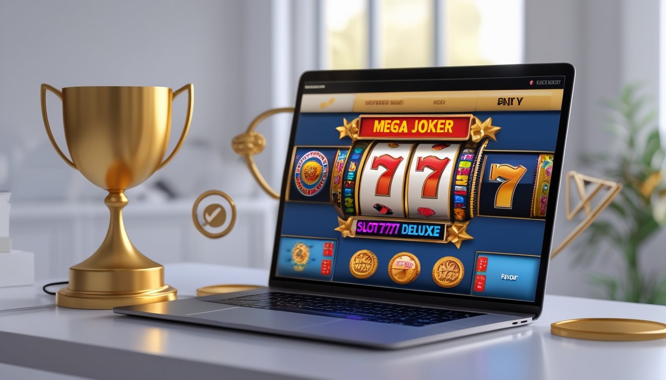 Suasana modern dengan komputer menampilkan permainan slot online berwarna-warni dan elemen simbol kepercayaan seperti medali dan tanda centang.