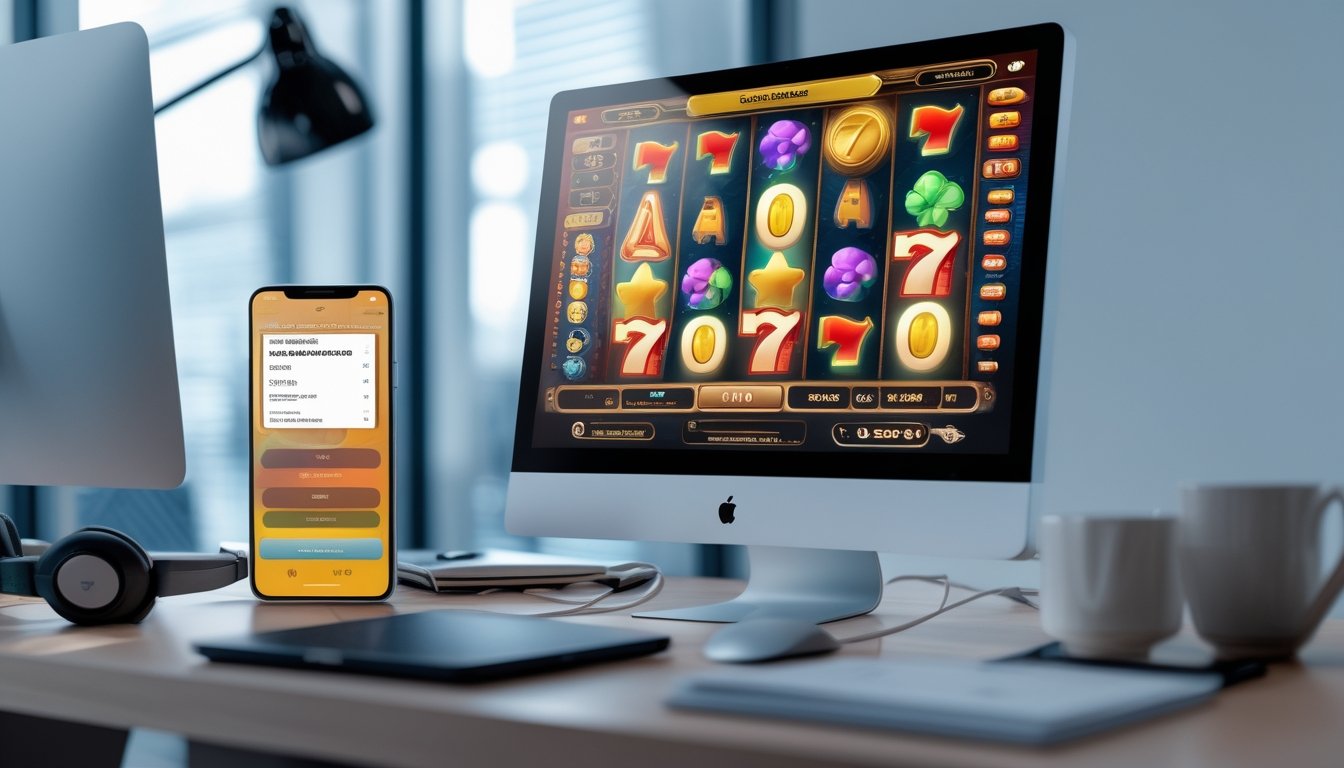 Seorang pengguna menggunakan laptop dan smartphone di meja kerja yang rapi, menampilkan permainan slot online dan proses deposit pulsa tanpa potongan.