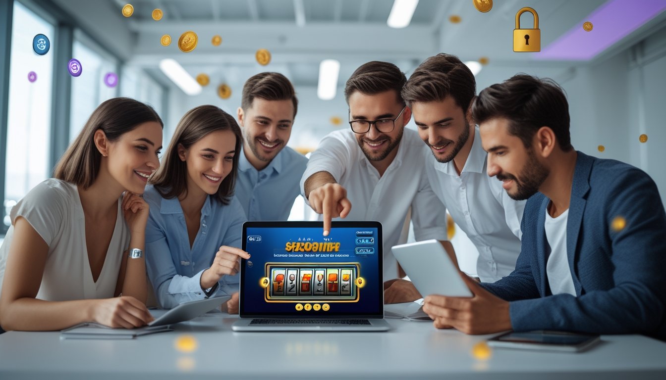 Sekelompok orang sedang berdiskusi di depan komputer dengan tampilan permainan slot online dan simbol pembayaran digital di latar belakang.
