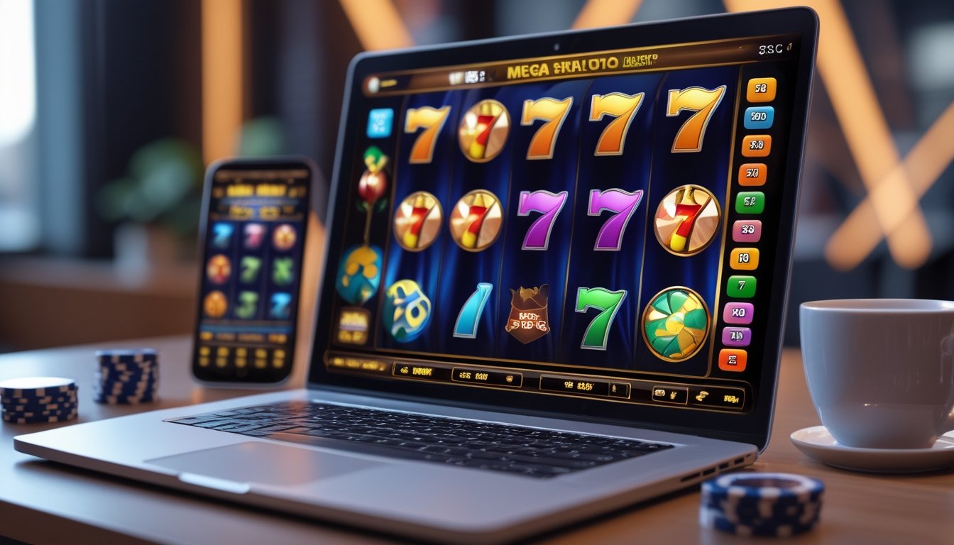 Seorang pemain menggunakan laptop dan ponsel untuk bermain permainan slot online dengan simbol buah dan angka tujuh di layar.