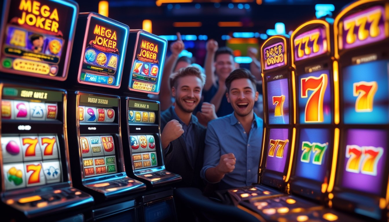Dua mesin slot Mega Joker dan 777 Deluxe yang menyala terang di kasino dengan beberapa pemain yang terlihat antusias di latar belakang.