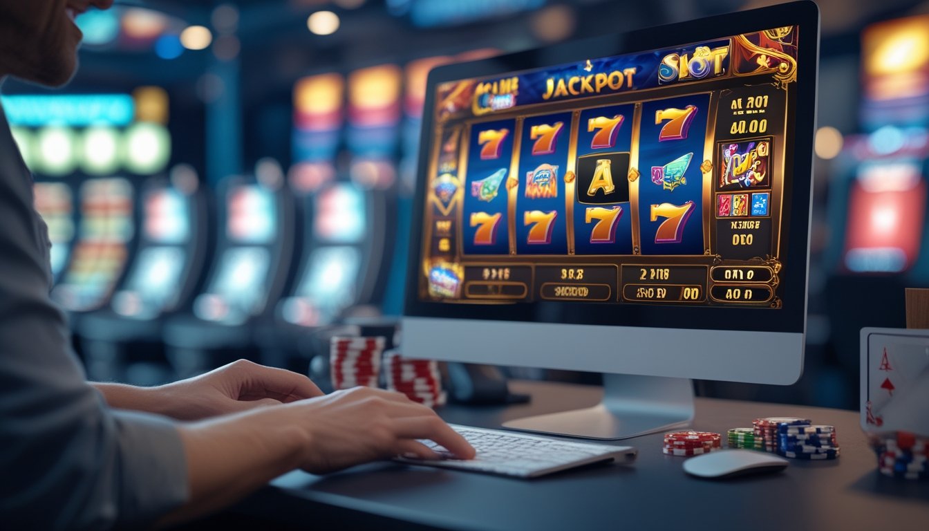Seorang pemain sedang menggunakan komputer dengan tampilan permainan slot online yang berwarna-warni dan menarik, di meja yang rapi dengan beberapa chip poker di latar belakang.