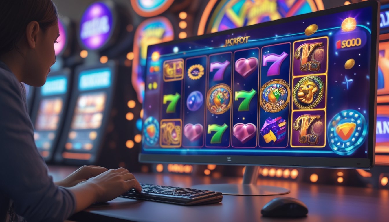 Seorang pemain sedang menggunakan komputer dengan layar menampilkan permainan slot online berwarna-warni dan elemen jackpot di latar belakang.