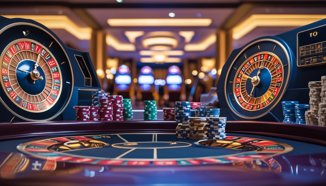 Dua roda roulette berbeda berdampingan di meja kasino dengan tumpukan chip taruhan di sekitarnya.