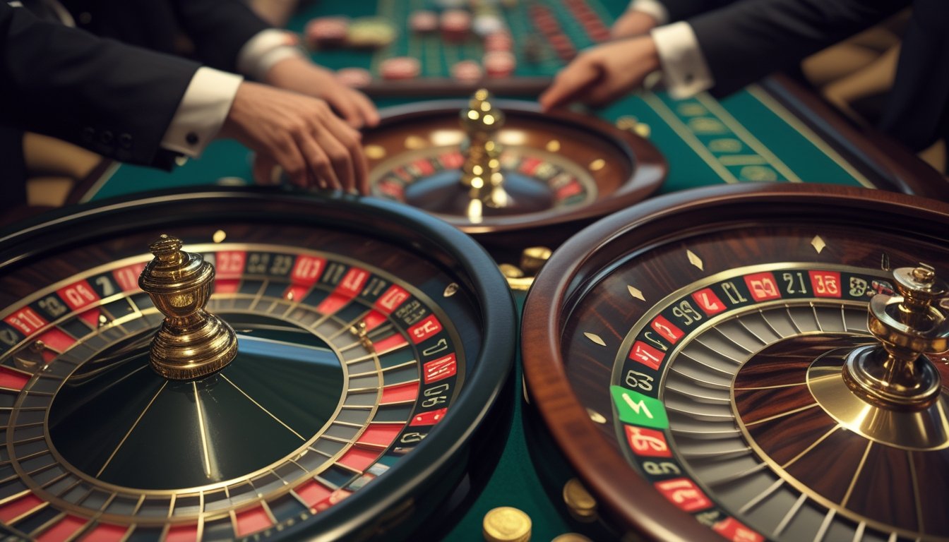 Meja roulette Prancis dan Amerika berdampingan di kasino dengan pemain yang sedang memasang taruhan.