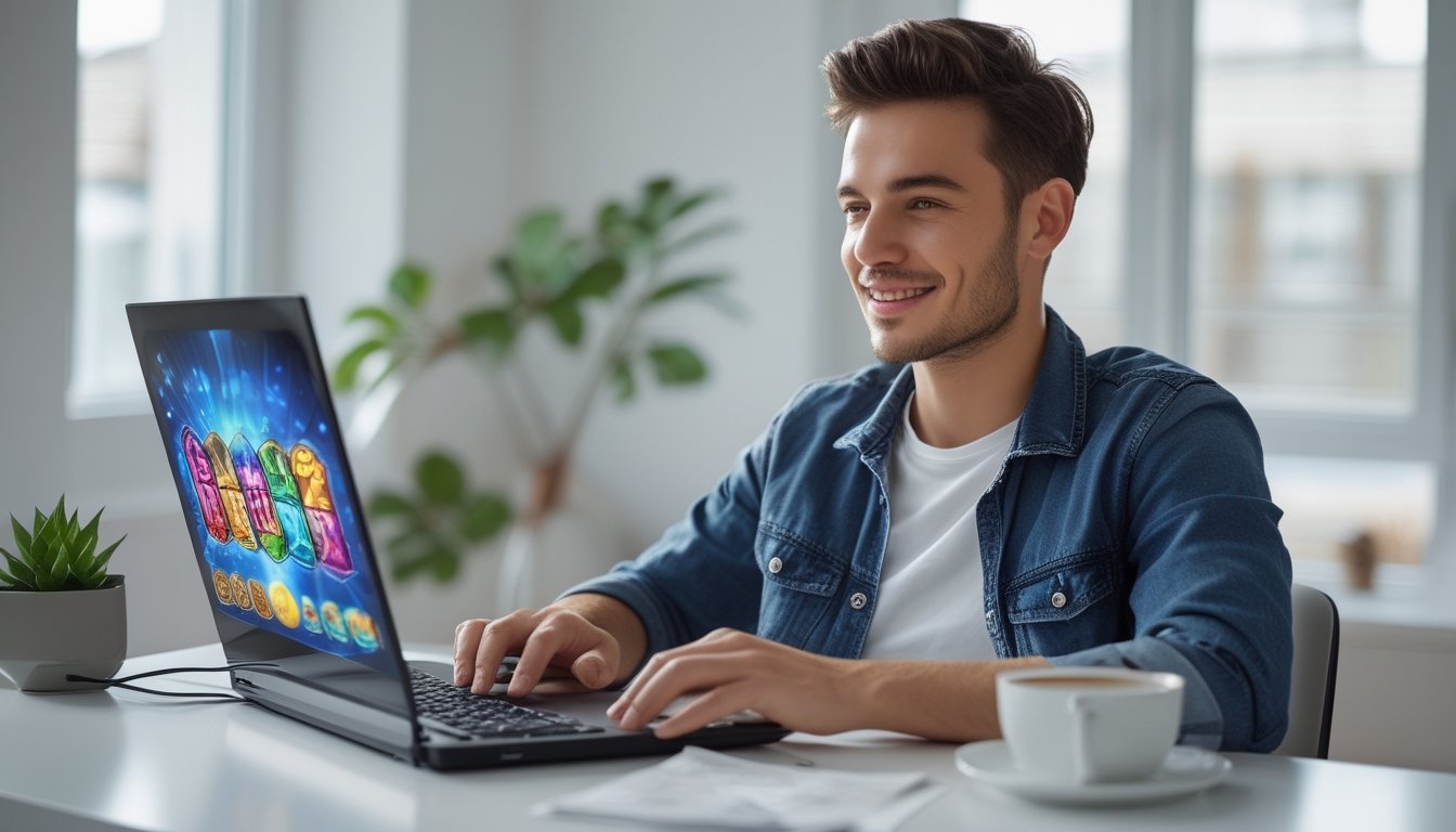 Seorang dewasa muda duduk di meja dengan laptop yang menampilkan permainan slot online, di ruang kerja rumah yang terang dan rapi.