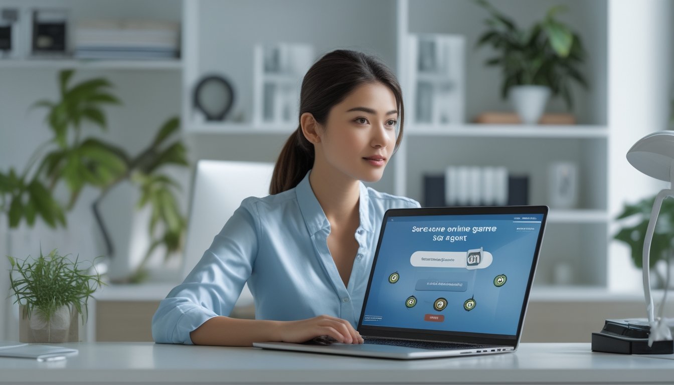 Seorang wanita muda duduk di meja kerja dengan laptop, fokus pada layar yang menampilkan permainan slot online dalam ruangan rumah yang rapi dan terang.