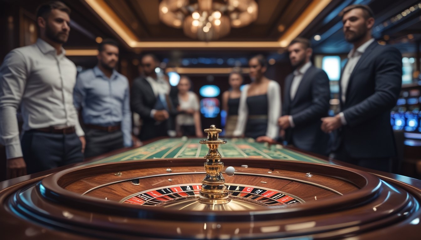 Meja roulette Prancis dengan pemain yang memperhatikan bola putih di roda roulette di sebuah kasino mewah.