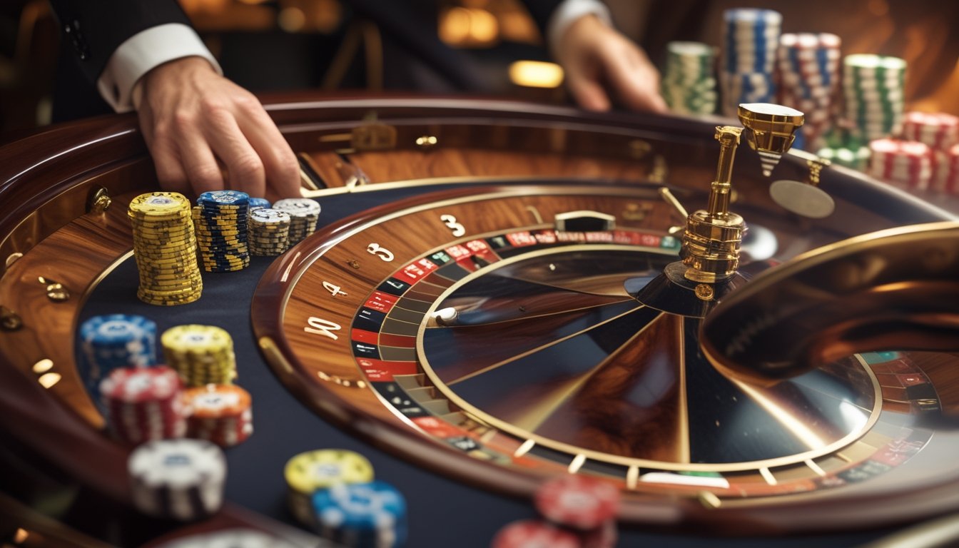 Meja roulette Prancis dengan roda roulette berputar dan tumpukan chip taruhan di kasino.