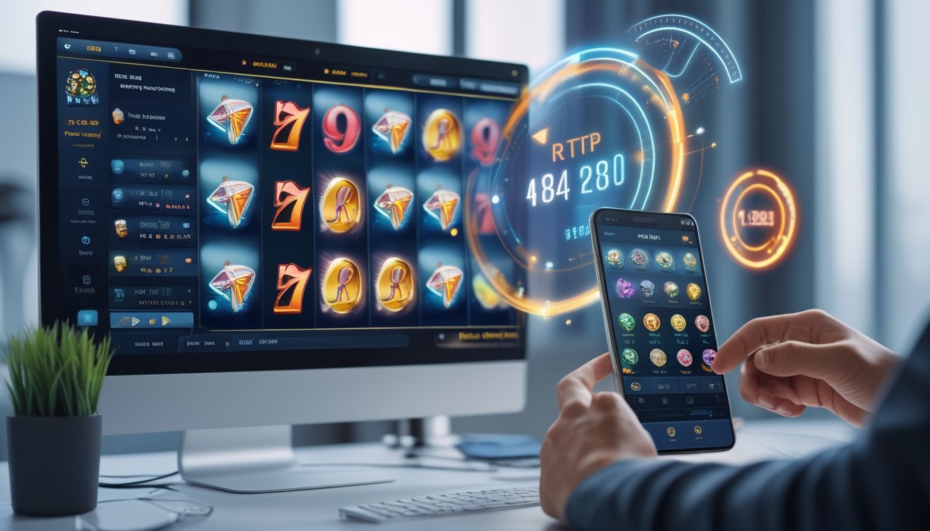 Seseorang menggunakan komputer dan ponsel untuk bermain permainan slot online dengan tampilan grafik warna-warni dan indikator jackpot.