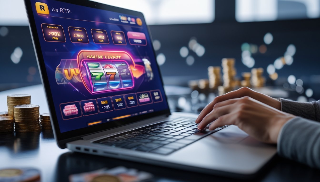 Seorang pemain menggunakan komputer dengan tampilan permainan slot online dan grafik statistik waktu nyata di layar.