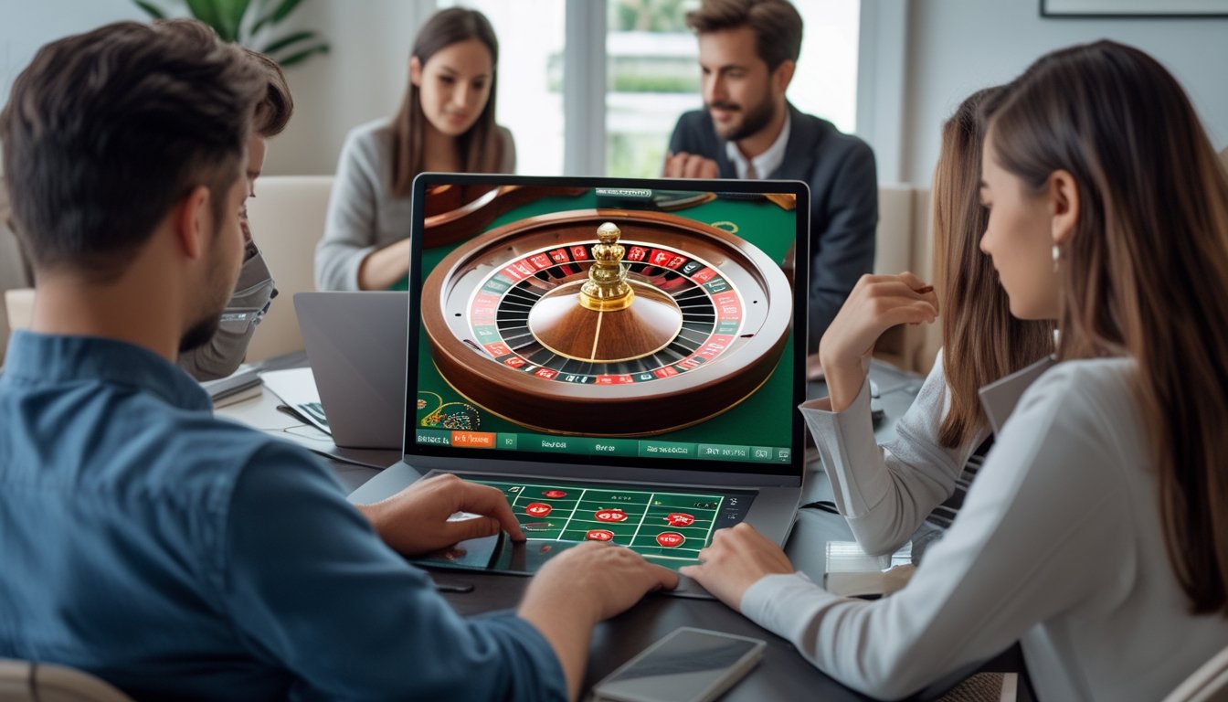 Orang-orang bermain roulette Amerika secara online di depan komputer dalam ruangan yang nyaman.