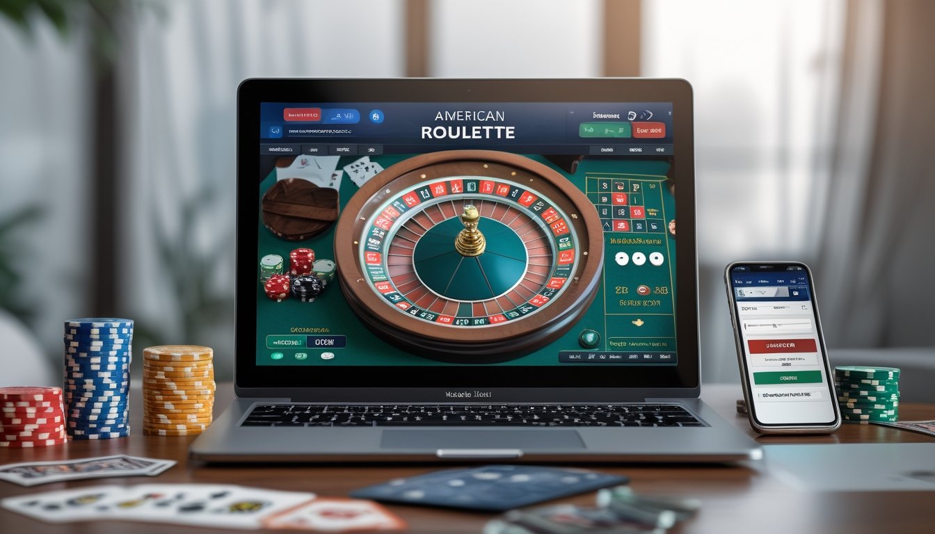 Seorang pengguna sedang bermain roulette Amerika secara online menggunakan laptop dengan chip poker dan kartu remi di sekitarnya.