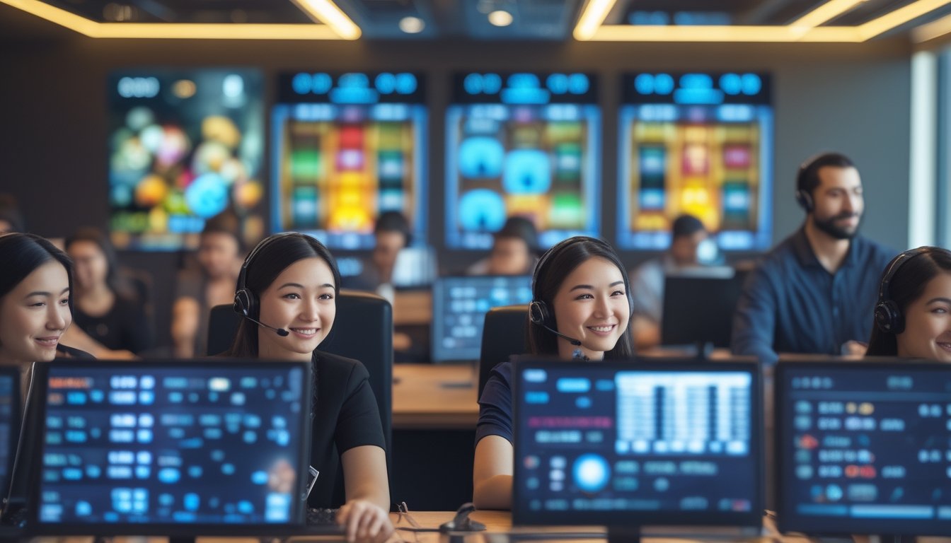 Tim layanan pelanggan yang ramah sedang bekerja di pusat layanan modern dengan komputer dan layar permainan slot online di latar belakang.