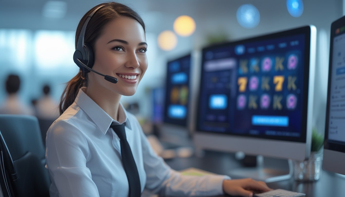Seorang petugas layanan pelanggan sedang bekerja di depan komputer dengan headset di kantor modern yang menunjukkan layanan situs agen slot online terpercaya.