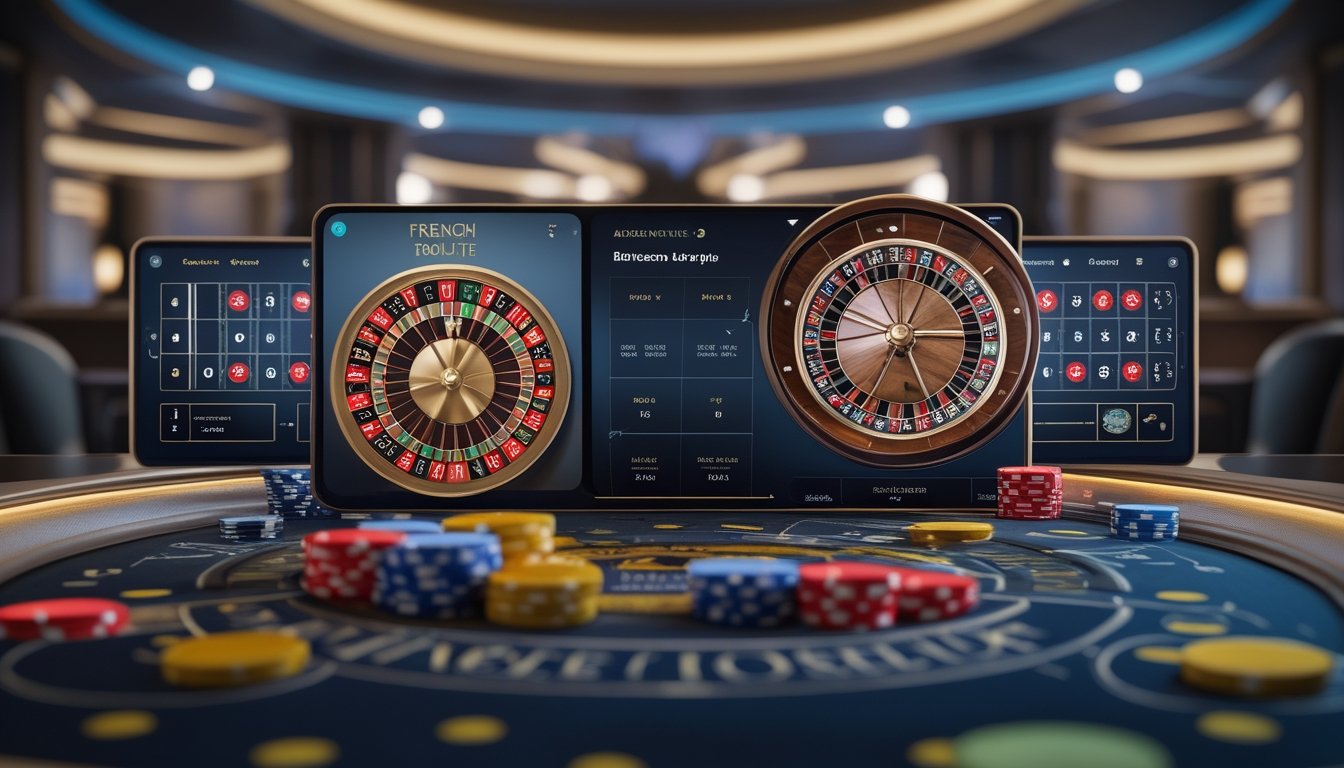 Dua rolet online berdampingan, satu dengan satu roda nol dan satu lagi dengan nol ganda, di layar perangkat digital dengan chip taruhan di sekitarnya.