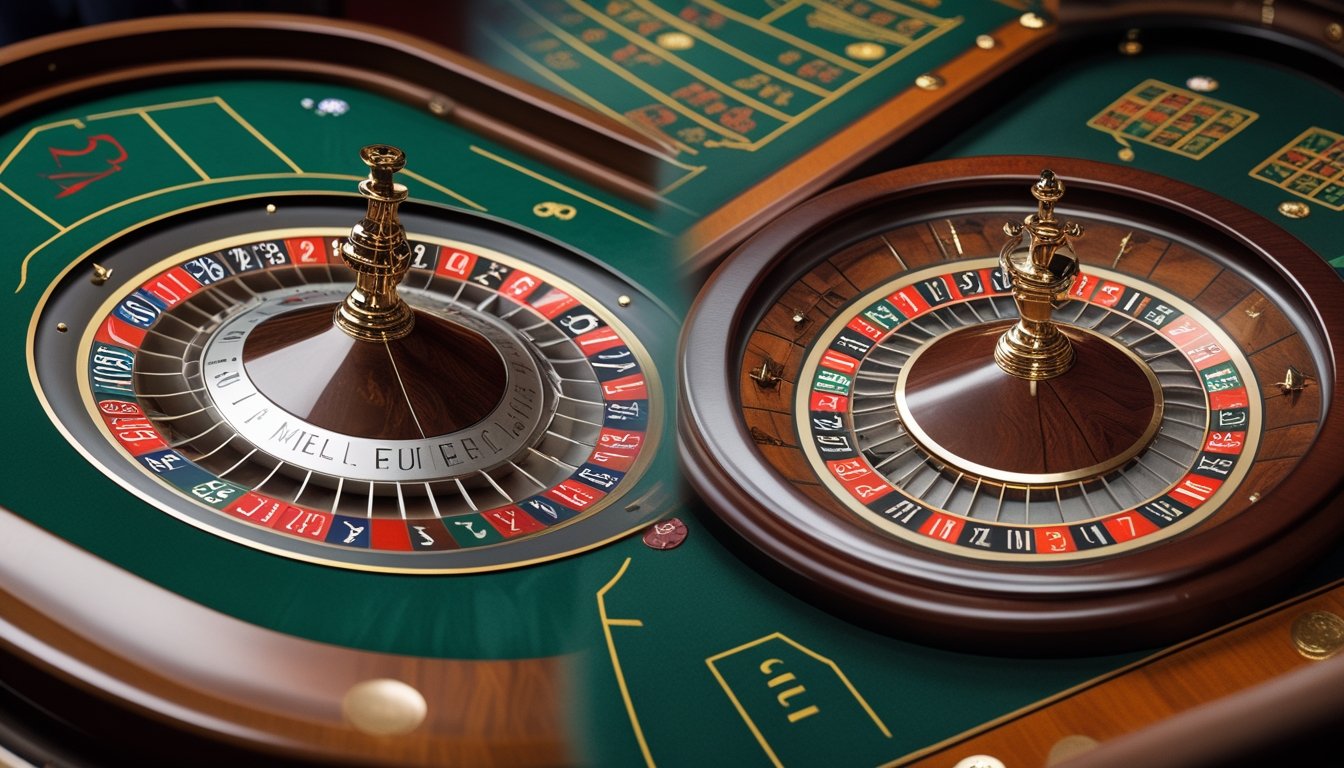 Dua meja roulette berdampingan, satu dengan tata letak French Roulette dan satu lagi dengan tata letak American Roulette, di dalam suasana kasino.