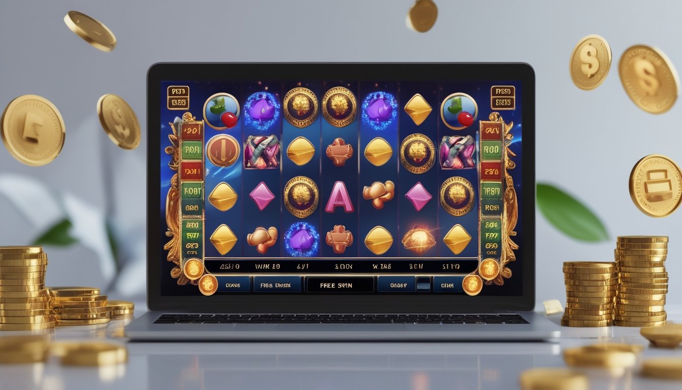 Seorang pengguna komputer dengan layar menampilkan permainan slot online berwarna-warni, dikelilingi oleh koin emas dan simbol hadiah cashback serta putaran gratis.