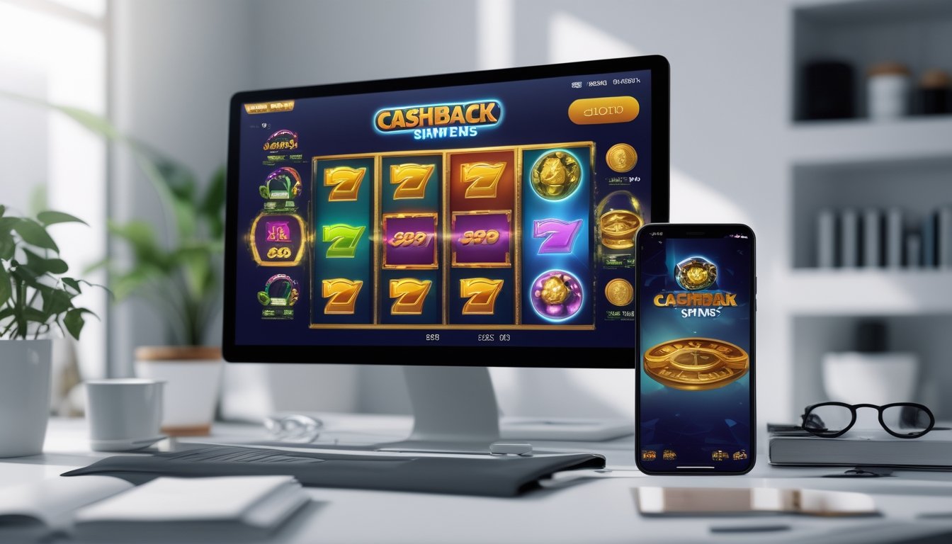 Seorang pengguna sedang bermain permainan slot online di laptop dan ponsel di meja kerja yang rapi dengan kopi dan alat tulis.