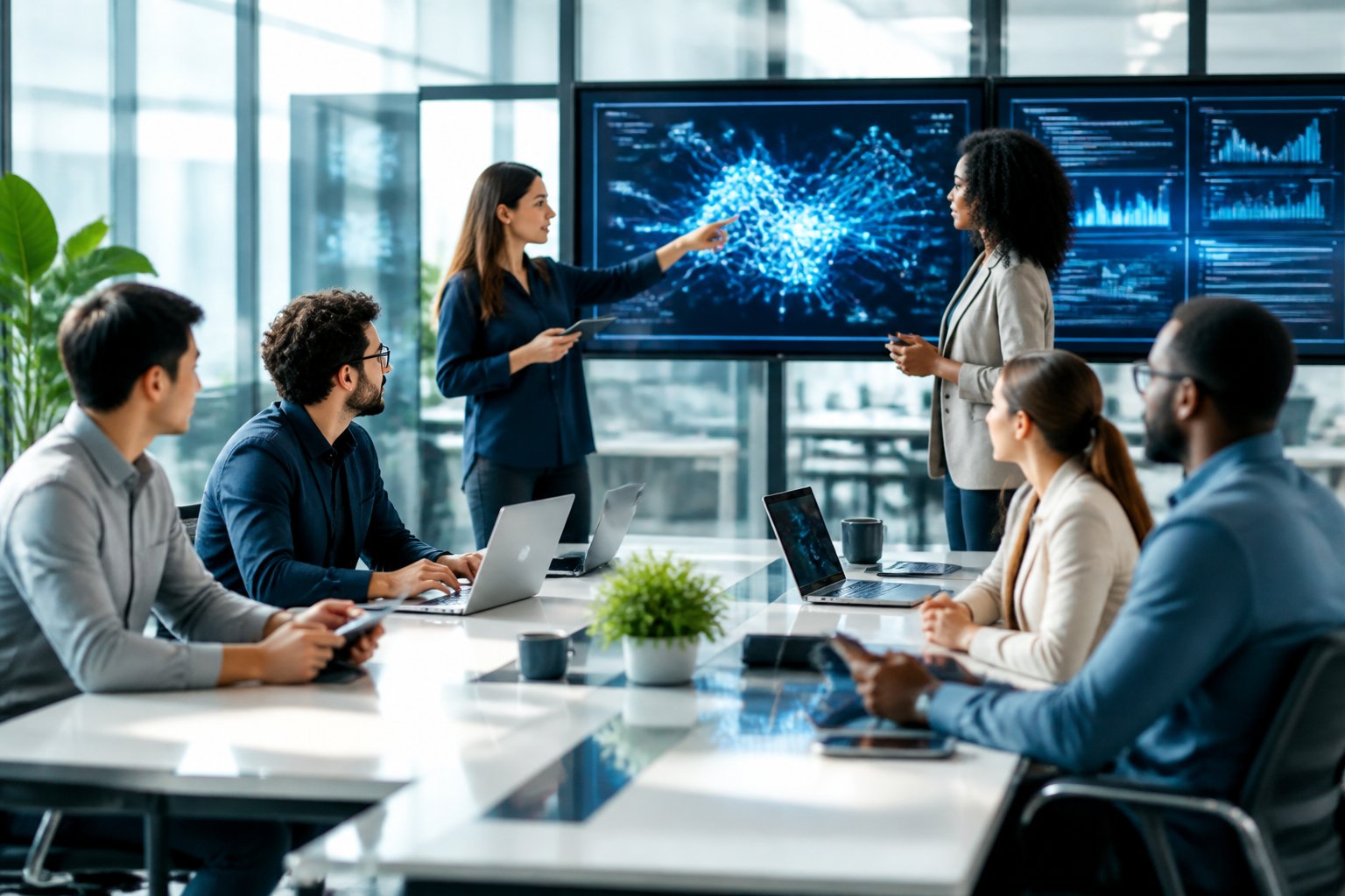 Ein Team von Fachleuten arbeitet gemeinsam in einem modernen Büro an Computern mit KI-Daten und Grafiken auf Bildschirmen.