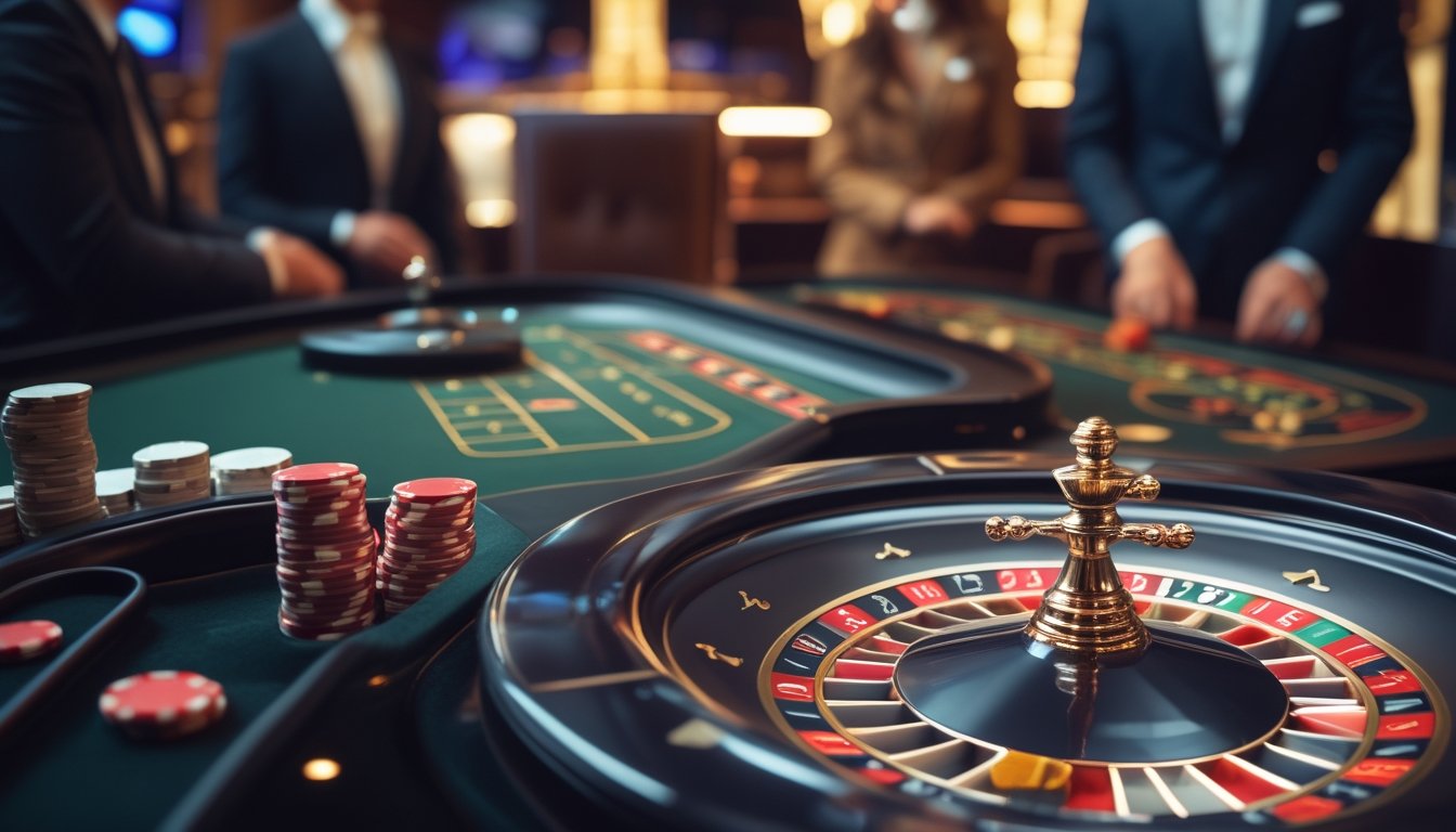 Meja roulette Prancis dengan roda roulette dan chip kasino di latar belakang dalam suasana kasino yang mewah.