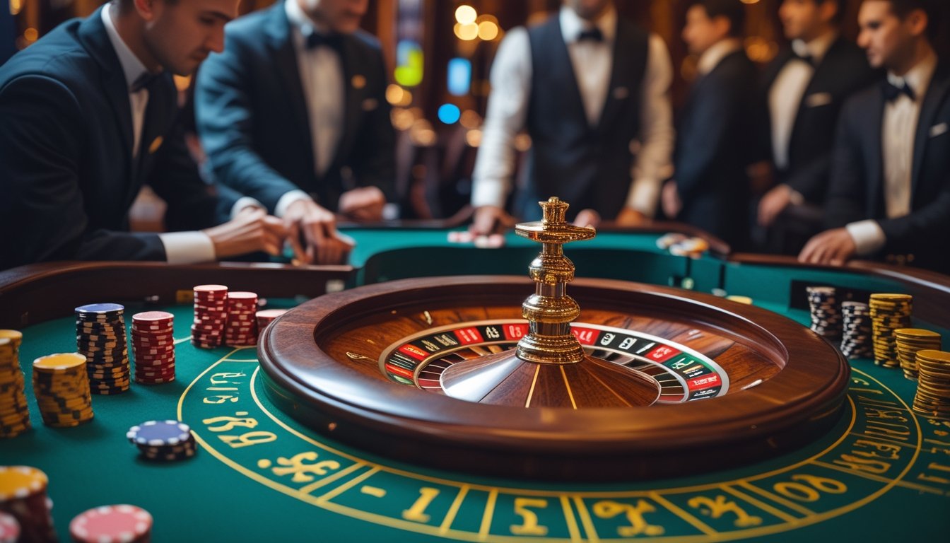 Meja roulette Prancis di kasino dengan pemain yang fokus dan suasana elegan.