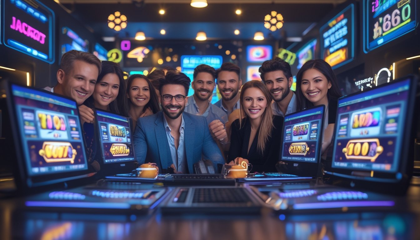 Sekelompok orang antusias bermain permainan slot online di depan layar komputer dan ponsel dalam ruangan yang terang dan modern.