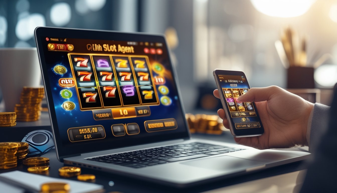 Seseorang menggunakan laptop dan ponsel yang menampilkan permainan slot online di meja kerja dengan latar belakang alat tulis dan cangkir kopi.