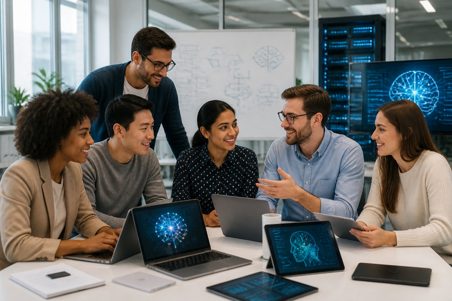 Eine Gruppe von Fachleuten arbeitet gemeinsam an einem Tisch in einem modernen B&uuml;ro mit digitalen Ger&auml;ten und Grafiken zum Thema K&uuml;nstliche Intelligenz.