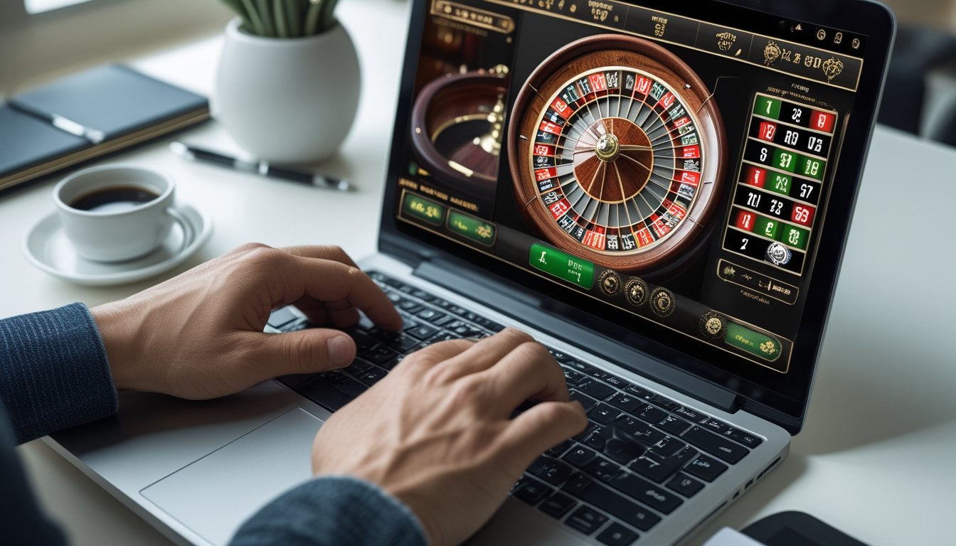 Seorang pemain sedang menggunakan komputer untuk bermain roulette Amerika secara online dengan tampilan roda roulette dan chip taruhan di layar.