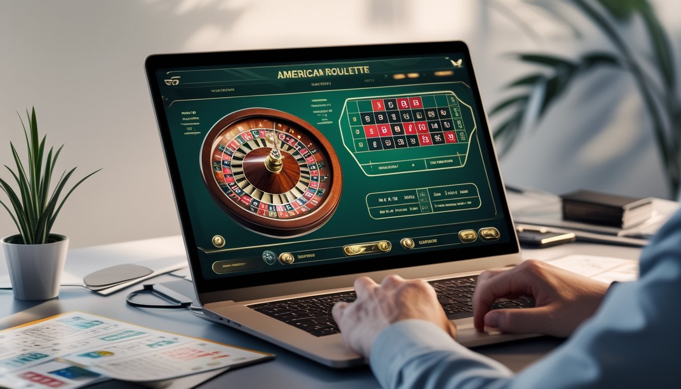 Seorang pemain fokus menggunakan komputer untuk bermain American Roulette online dengan tampilan roda roulette dan meja taruhan di layar.