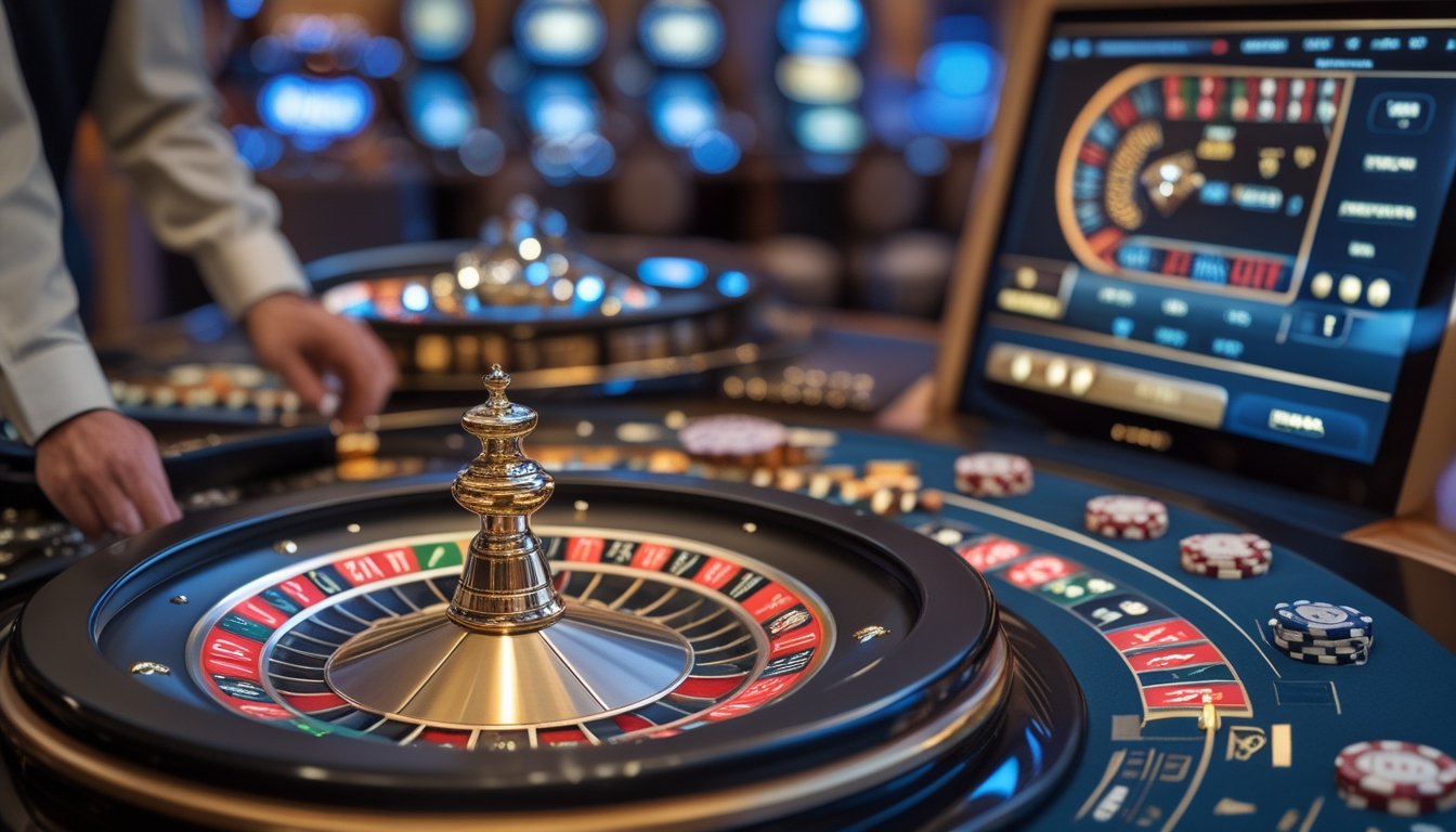 Antarmuka kasino online dengan roda roulette Prancis yang menonjol dan roda roulette Amerika di latar belakang, menampilkan suasana kasino modern.