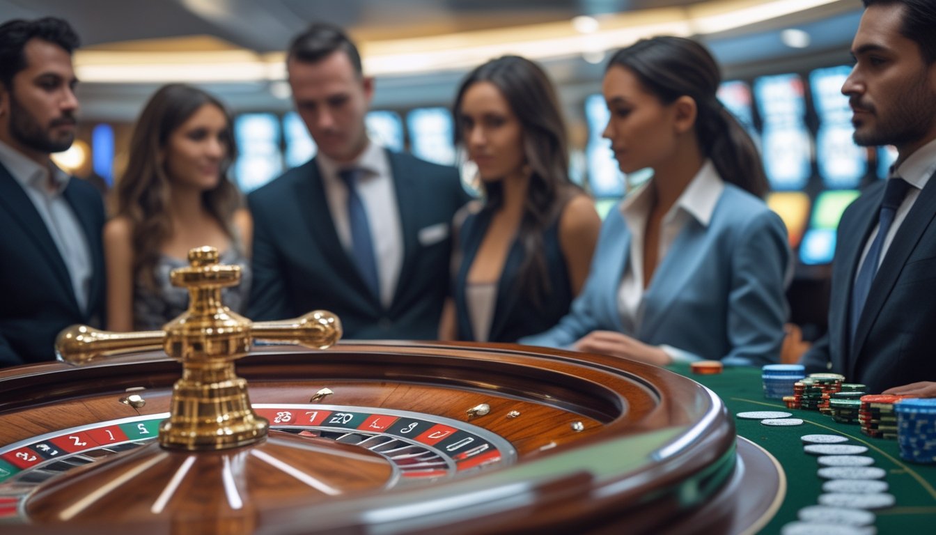 Meja roulette Amerika dengan pemain yang sedang memasang taruhan di kasino modern.