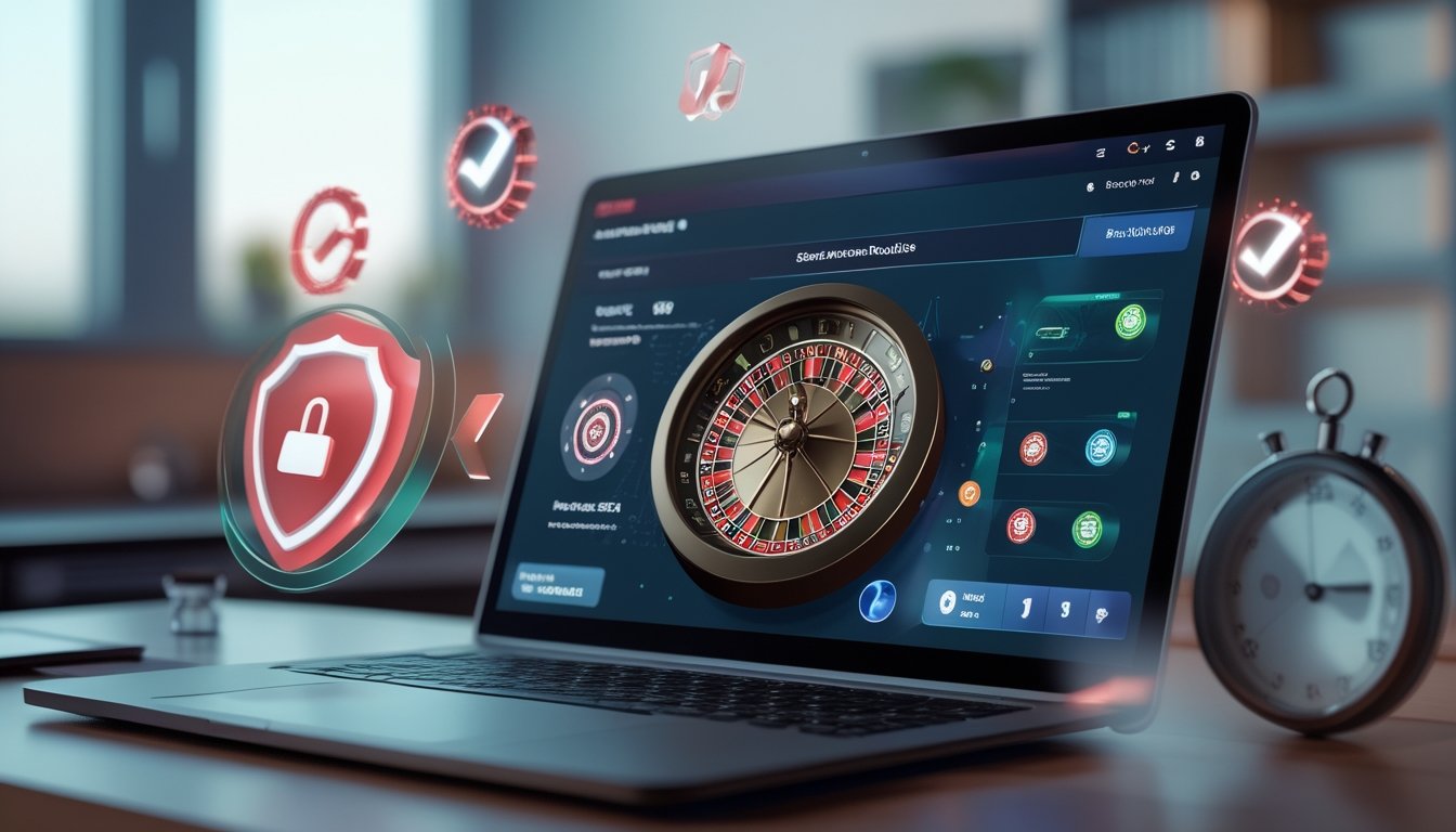Layar komputer menampilkan roda roulette Amerika digital dengan ikon keamanan di sekitarnya di sebuah ruangan yang terang dan rapi.