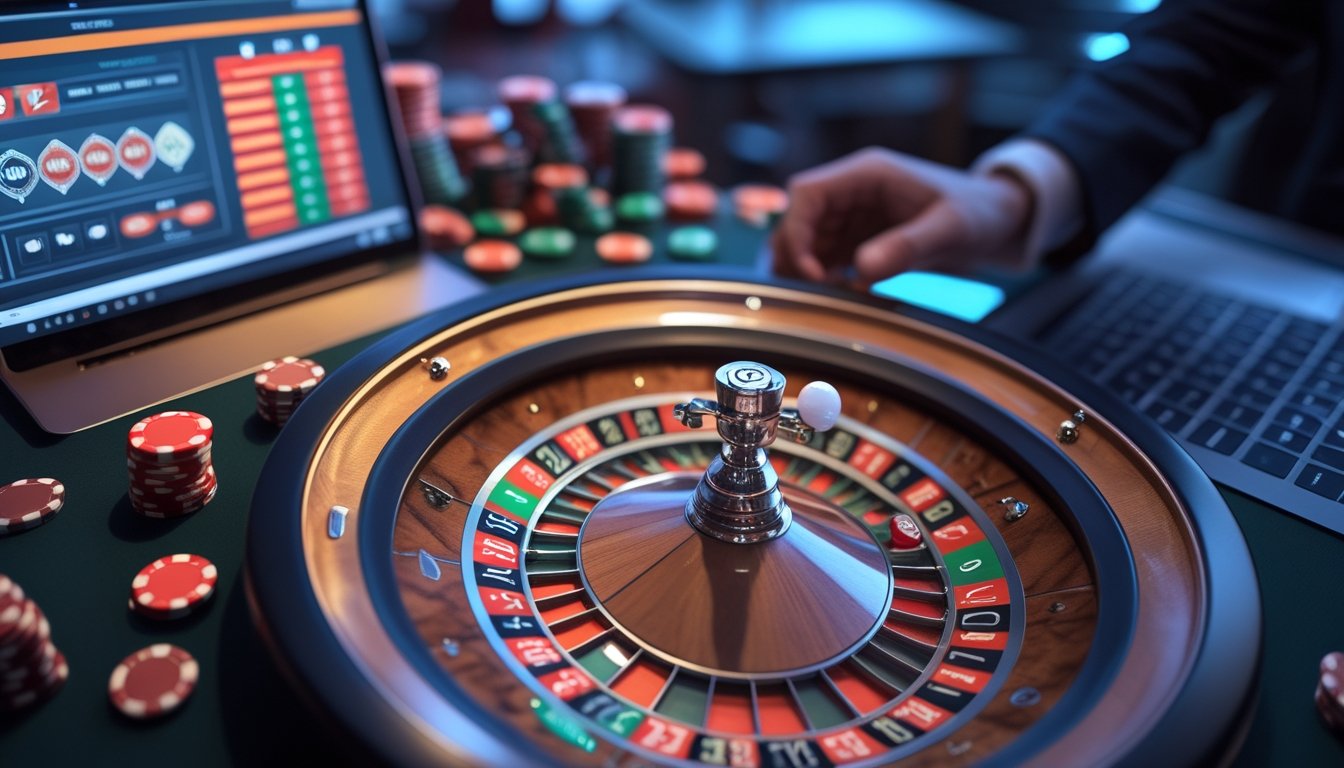 Meja roulette Prancis dengan roda berputar dan bola putih, tangan sedang memasang taruhan di perangkat digital di kasino online.