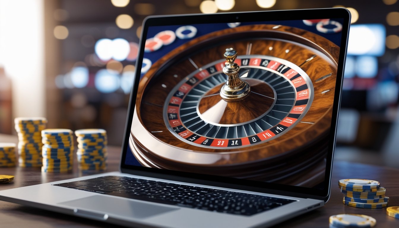 Antarmuka kasino online menampilkan roda roulette Prancis dengan bola putih sedang berputar di layar perangkat digital.