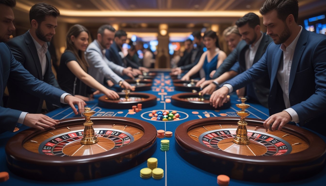 Meja roulette Prancis dan Amerika di kasino dengan beberapa pemain yang sedang memasang taruhan.
