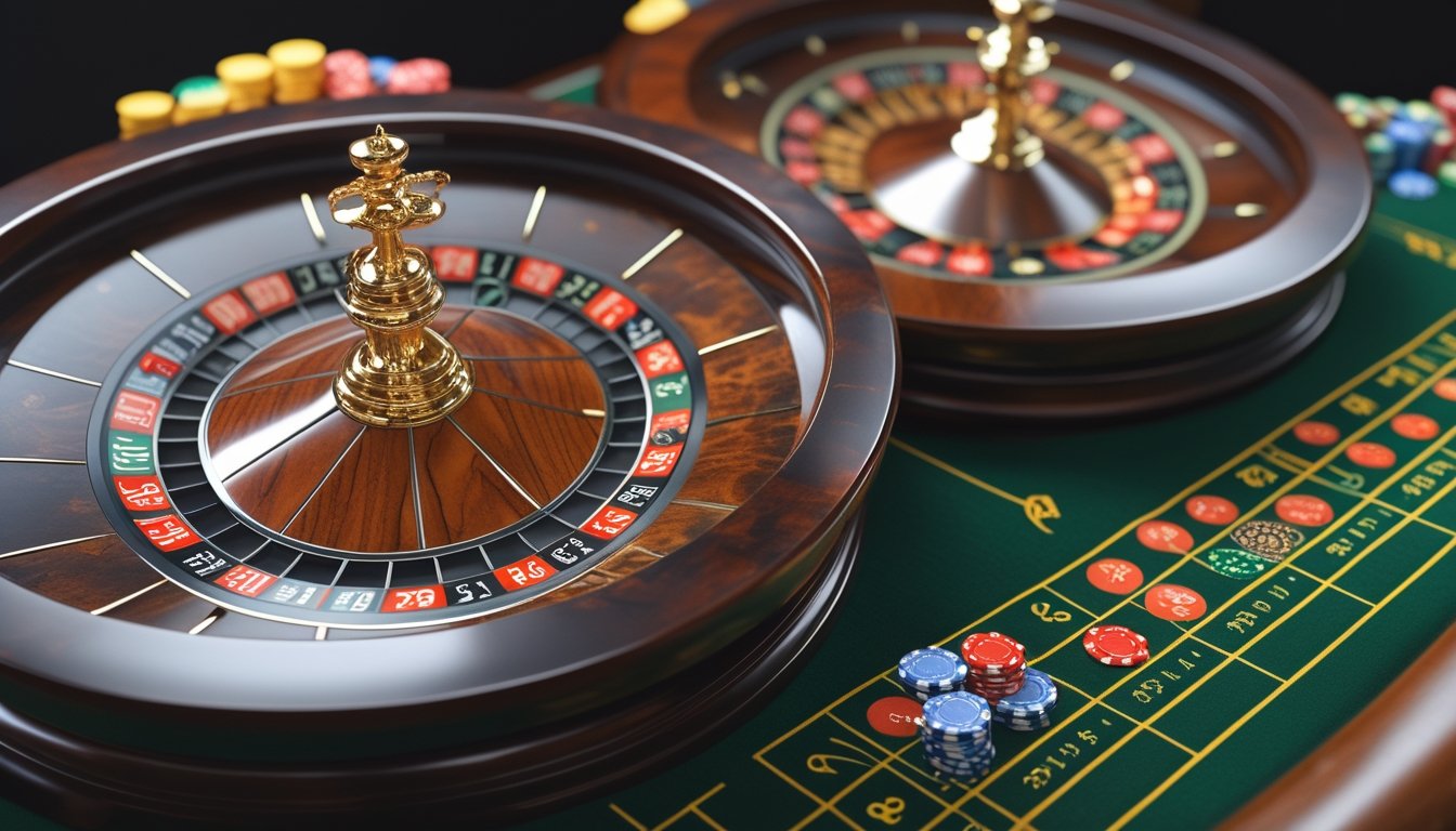 Dua roda roulette berdampingan di meja kasino, satu dengan satu nol dan satu lagi dengan dua nol, menunjukkan perbedaan antara French Roulette dan American Roulette.